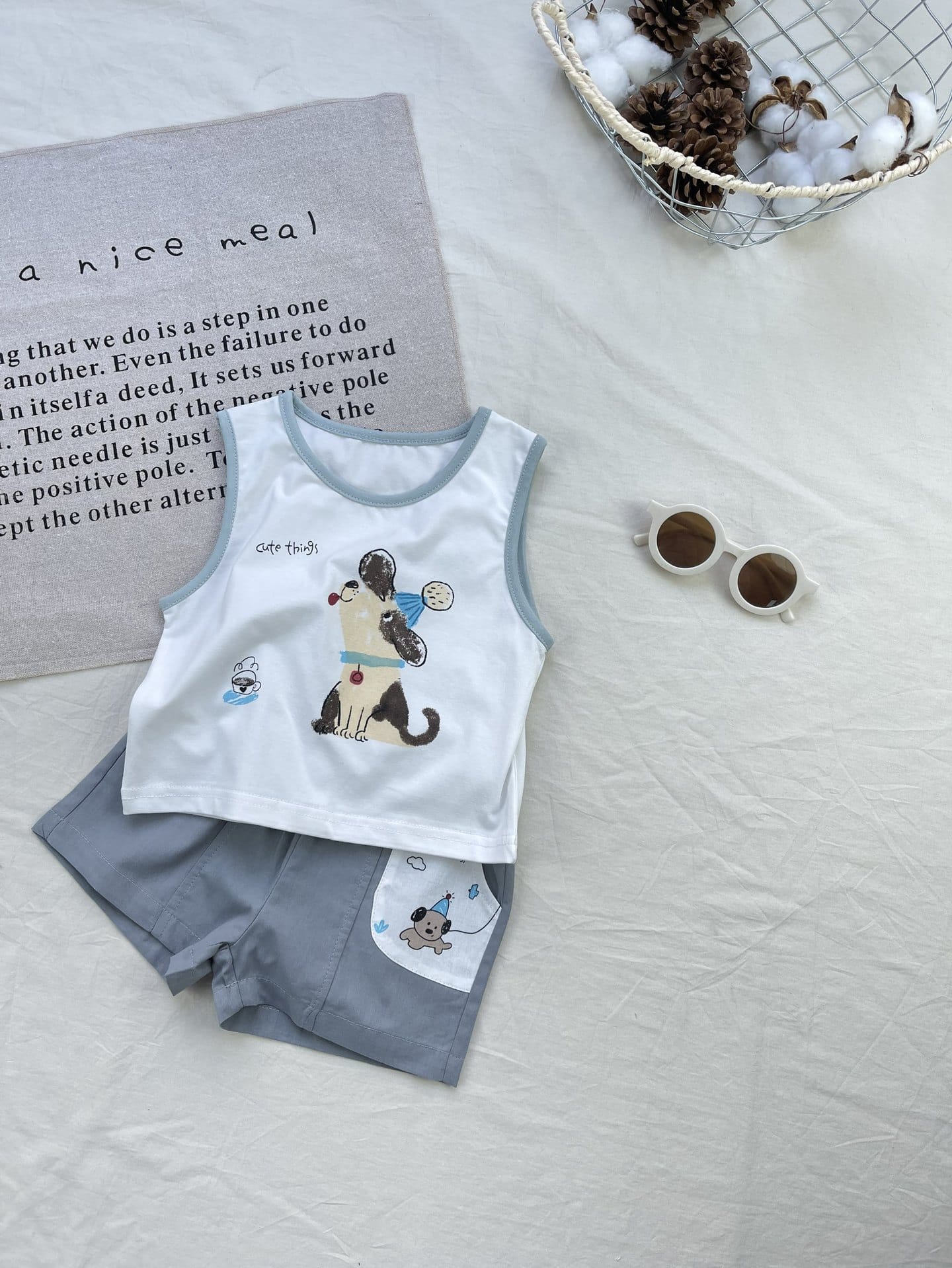 Cartoon Puppy Graphics Vest Set 犬 ノースリーブTシャツ ショートパンツセット【mh0012921】 yi nian ni ノースリーブセットアップ