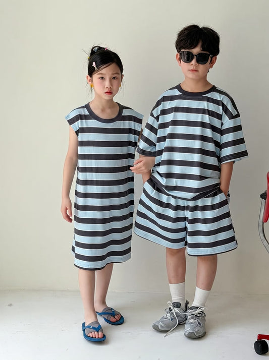 ボーダー柄ルーズワンピースセット 子ども用 半袖Tシャツ＆ハーフパンツ風 上下