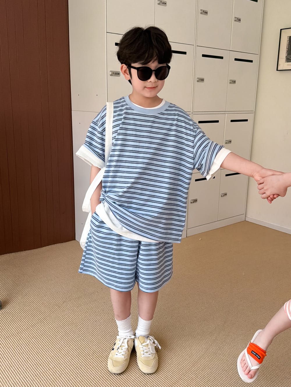 ボーダー半袖Tシャツ＆ハーフパンツセット（青×白）