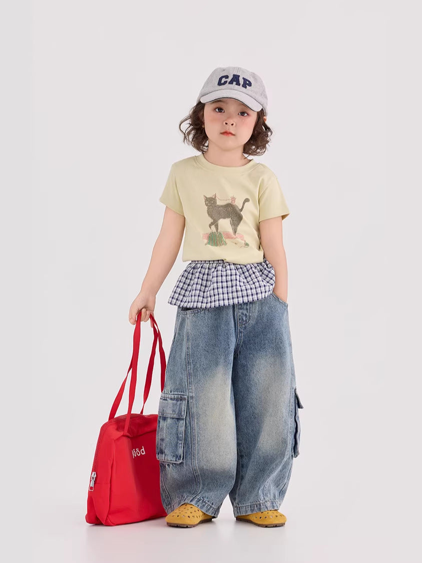 Cat Illustration Slim Fit T-Shirt ネコ イラスト スリムTシャツ【mh0012383】 mamahalo shop