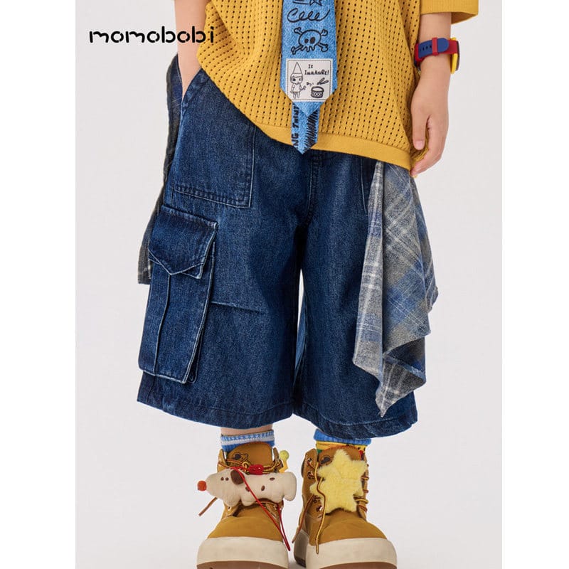 Check Layered Denim Shorts チェック レイヤード デニムハーフパンツ【mh0013002】 Denim Blue / 90cm momobobi ハーフパンツ・ショートパンツ