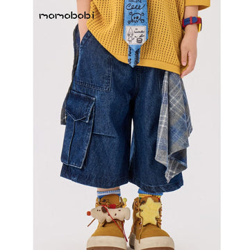Check Layered Denim Shorts チェック レイヤード デニムハーフパンツ【mh0013002】 Denim Blue / 90cm momobobi ハーフパンツ・ショートパンツ