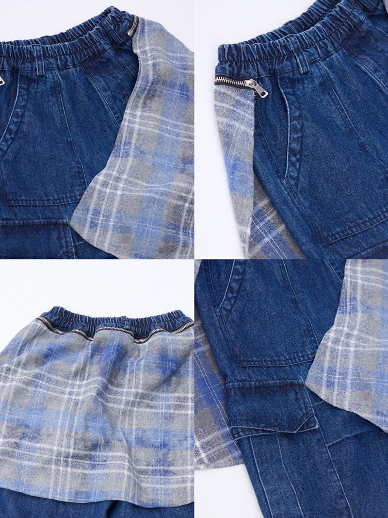 Check Layered Denim Shorts チェック レイヤード デニムハーフパンツ【mh0013002】 momobobi ハーフパンツ・ショートパンツ
