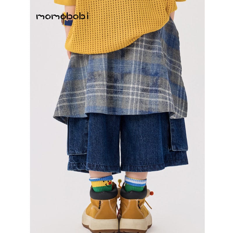 Check Layered Denim Shorts チェック レイヤード デニムハーフパンツ【mh0013002】 momobobi ハーフパンツ・ショートパンツ