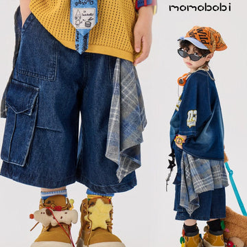 Check Layered Denim Shorts チェック レイヤード デニムハーフパンツ【mh0013002】 momobobi ハーフパンツ・ショートパンツ