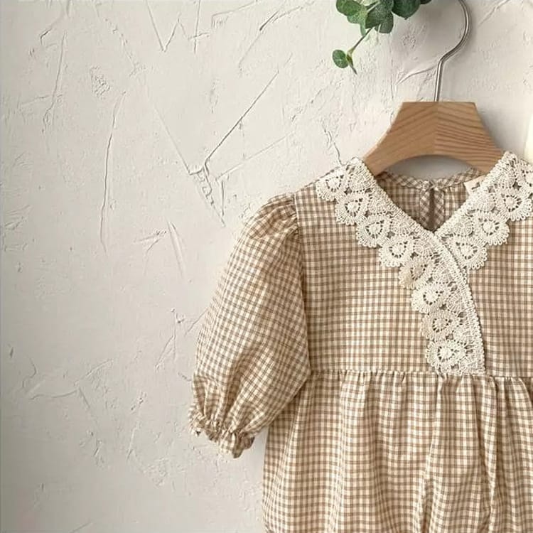 Checkered V-neck Lace Romper チェック柄 Vネック レース ロンパース【mh0002458】 BBAMMA 長袖ロンパース