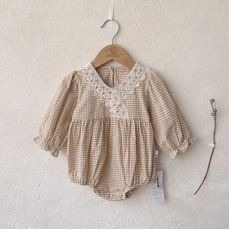 Checkered V-neck Lace Romper チェック柄 Vネック レース ロンパース【mh0002458】 BBAMMA 長袖ロンパース