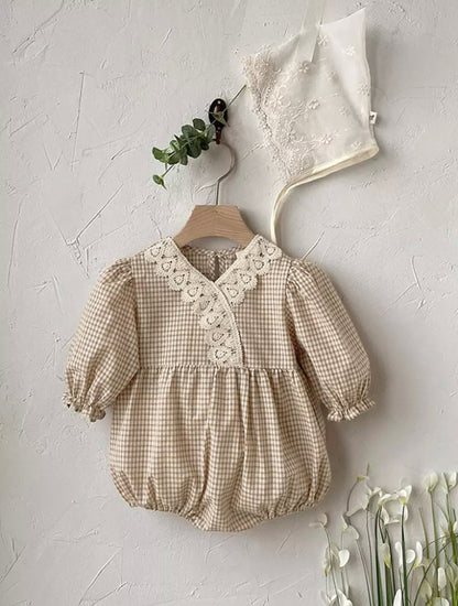 Checkered V-neck Lace Romper チェック柄 Vネック レース ロンパース【mh0002458】 BBAMMA 長袖ロンパース