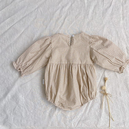 Checkered V-neck Lace Romper チェック柄 Vネック レース ロンパース【mh0002458】 BBAMMA 長袖ロンパース
