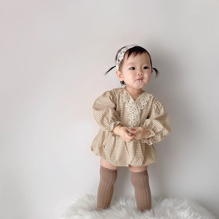 Checkered V-neck Lace Romper チェック柄 Vネック レース ロンパース【mh0002458】 BBAMMA 長袖ロンパース
