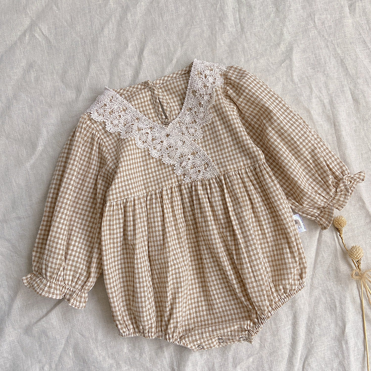 Checkered V-neck Lace Romper チェック柄 Vネック レース ロンパース【mh0002458】 BBAMMA 長袖ロンパース