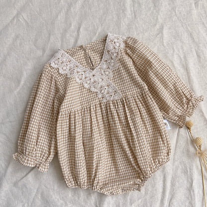 Checkered V-neck Lace Romper チェック柄 Vネック レース ロンパース【mh0002458】 BBAMMA 長袖ロンパース