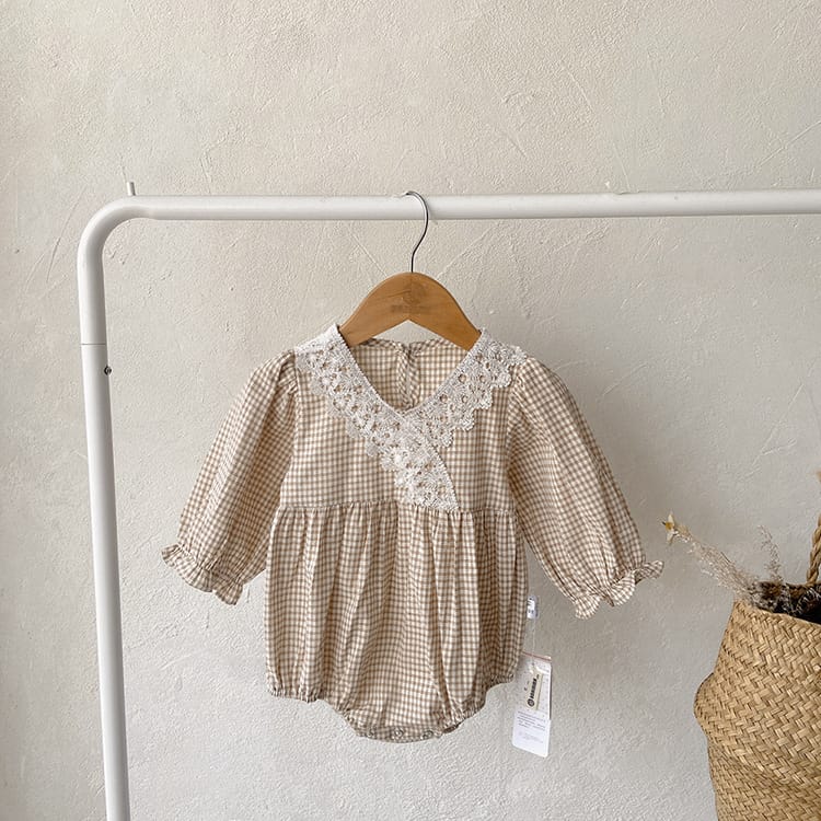 Checkered V-neck Lace Romper チェック柄 Vネック レース ロンパース【mh0002458】 BBAMMA 長袖ロンパース