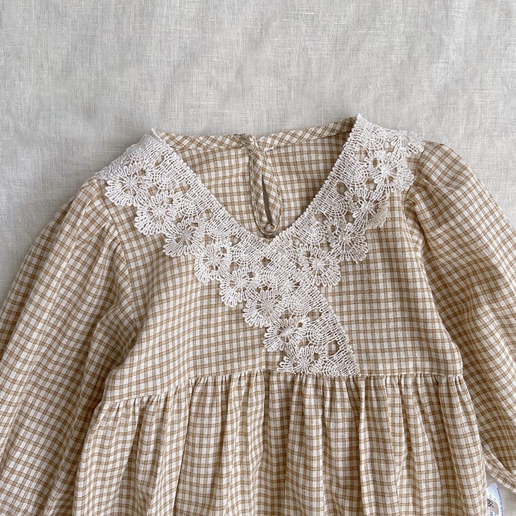 Checkered V-neck Lace Romper チェック柄 Vネック レース ロンパース【mh0002458】 BBAMMA 長袖ロンパース