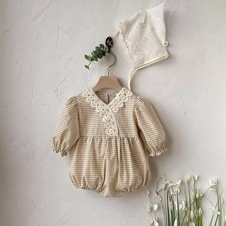 Checkered V-neck Lace Romper チェック柄 Vネック レース ロンパース【mh0002458】 BBAMMA 長袖ロンパース