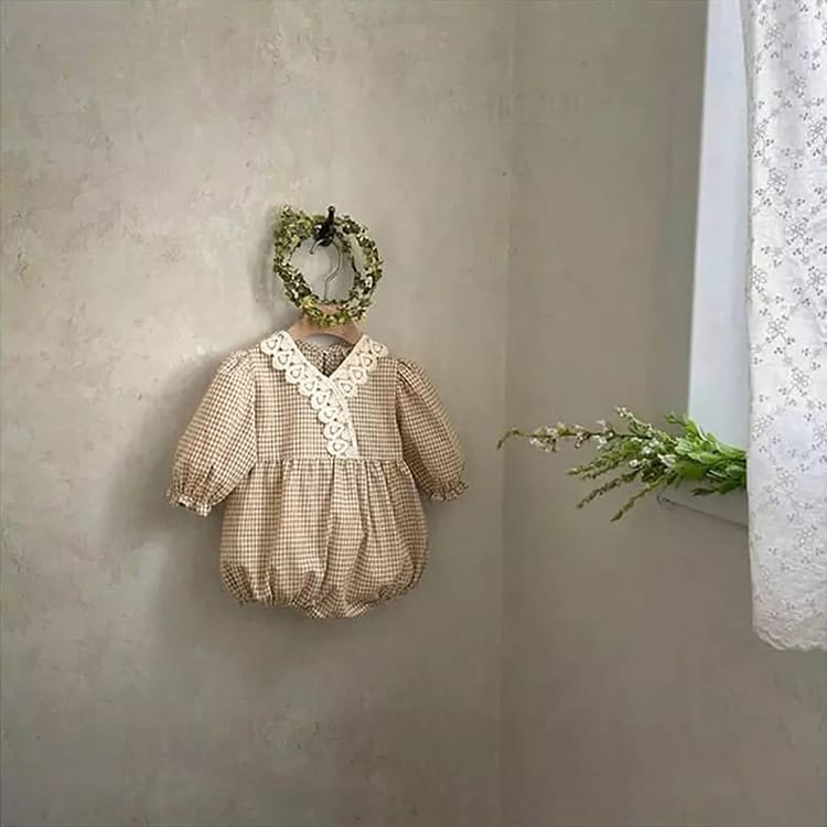 Checkered V-neck Lace Romper チェック柄 Vネック レース ロンパース【mh0002458】 BBAMMA 長袖ロンパース