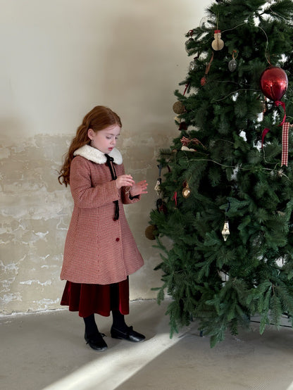 ロングコート Aラインレトロコート チェック 丸襟 キルティング ファーリボンつけ襟【mh0011889】