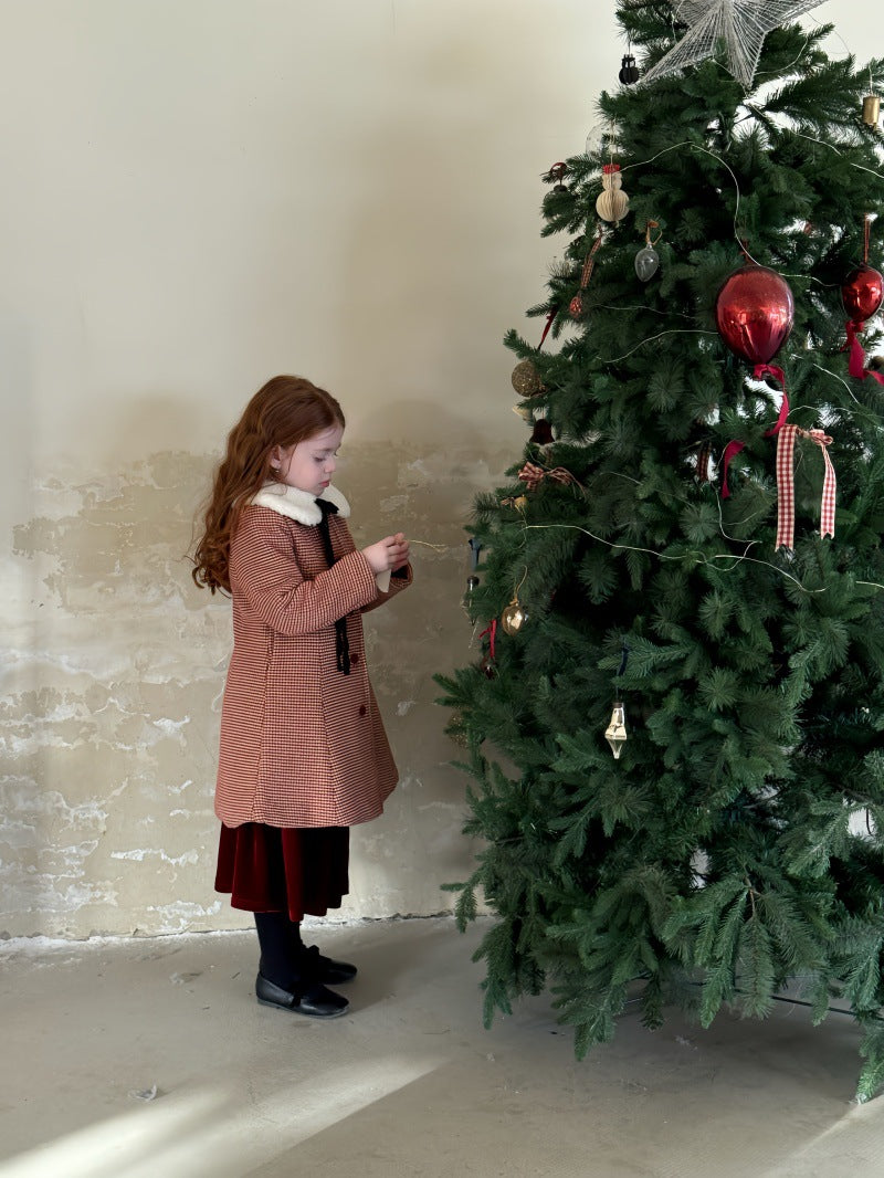 ロングコート Aラインレトロコート チェック 丸襟 キルティング ファーリボンつけ襟【mh0011889】