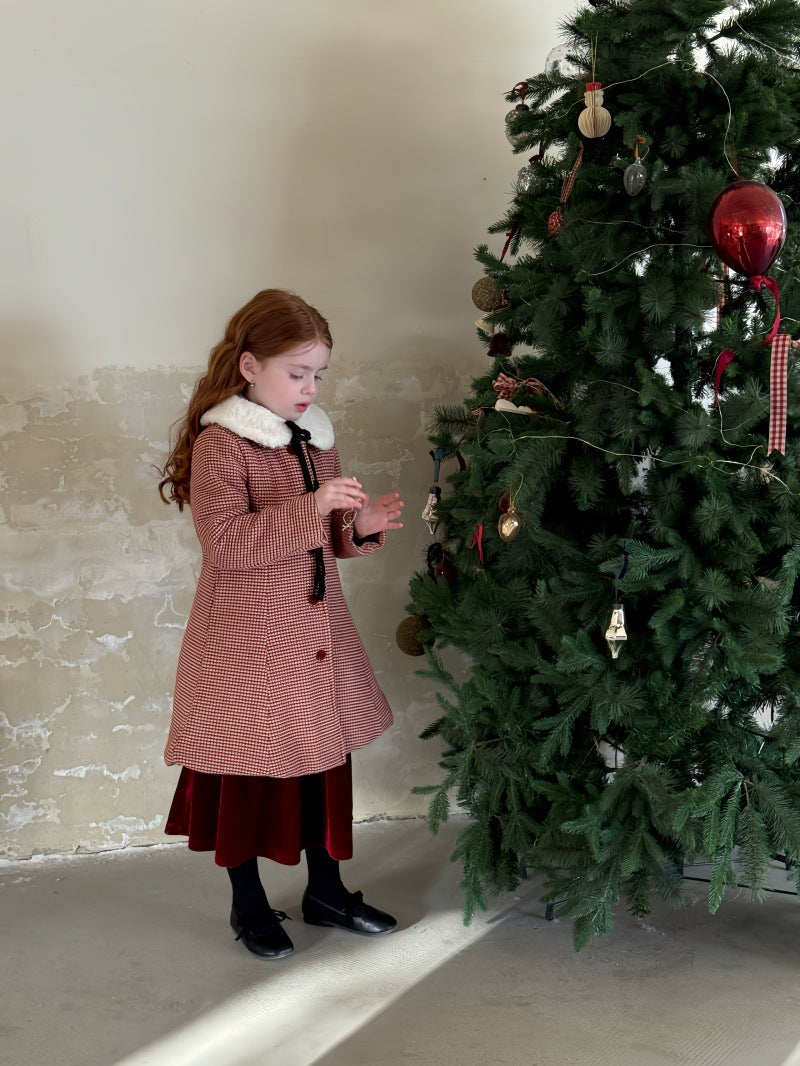 ロングコート Aラインレトロコート チェック 丸襟 キルティング ファーリボンつけ襟【mh0011889】