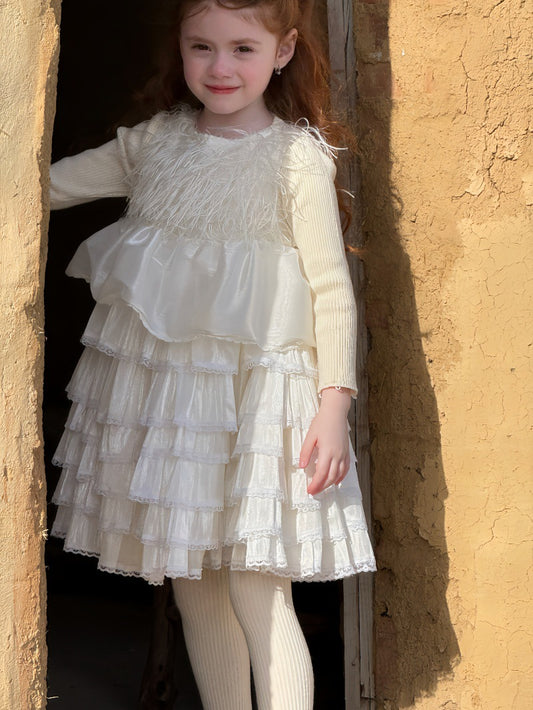 ノースリーブワンピース beige sweater / 90cm ノースリーブワンピース ファーフリンジ ティアードケーキスカート【mh0011884】