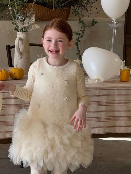 ノースリーブワンピース beige sweater / 90cm ノースリーブワンピース フリース ボリュームチュールスカート ビーズ刺繍【mh0011887】