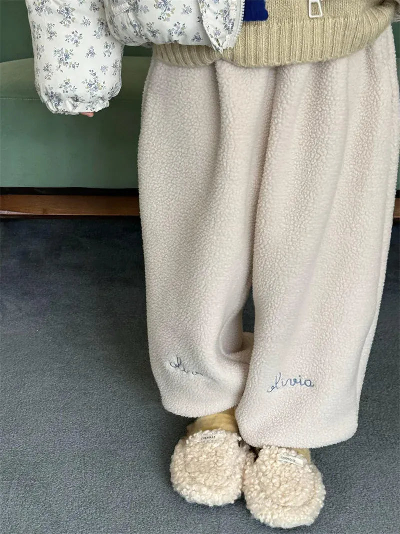 ロングパンツ・スウェットパンツ Beige White / 24M  90CM キッズパンツ レターロゴ刺繍アクセントボアフリースロングスウェットパンツ【mh0007855】