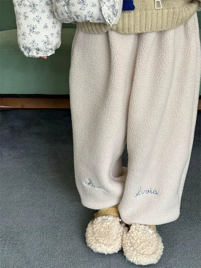 ロングパンツ・スウェットパンツ Beige White / 24M  90CM キッズパンツ レターロゴ刺繍アクセントボアフリースロングスウェットパンツ【mh0007855】