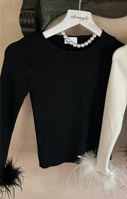 ニット・セーター Black / 2T (90) キッズトップス フェザーリスト長袖シンプルニットTシャツカットソー【mh0007943】