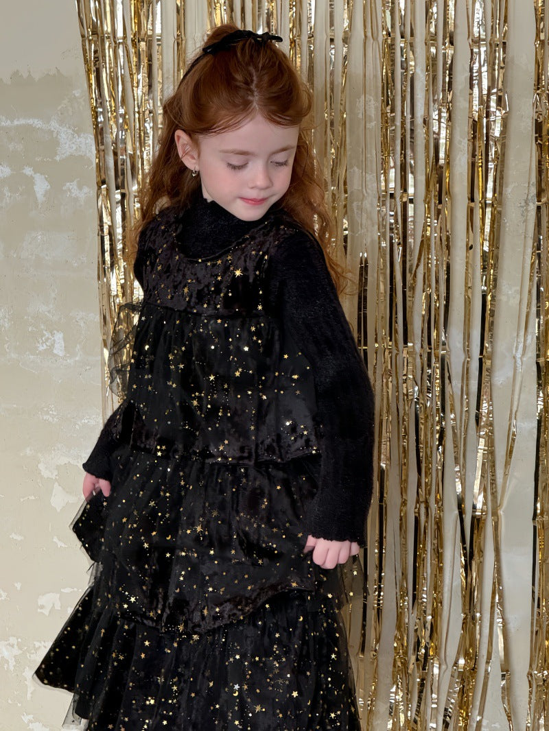ノースリーブワンピース Black / 90cm ノースリーブワンピース 星スタースパンコール メッシュドレス【mh0011891】