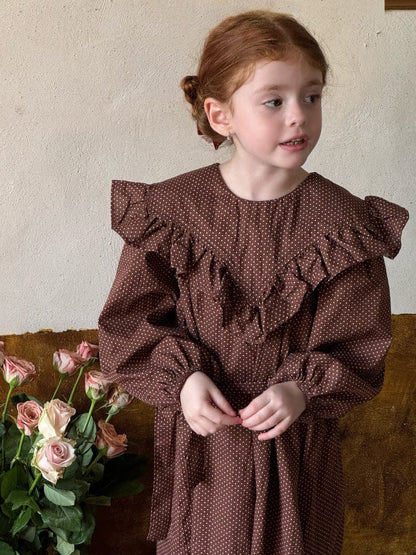 長袖ワンピース Brown / 90cm ドット柄フリルビッグカラー長袖ワンピース【mh0011205】