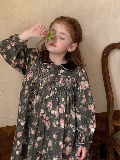 長袖ワンピース Coffee / 90cm 花柄ベロア襟シャーリングワンピース【mh0011209】