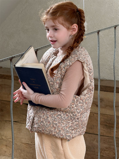 ベスト Creamy White / 90cm 中綿ベスト フラワー キルティング ノースリーブ レトロ アウター【mh0011624】