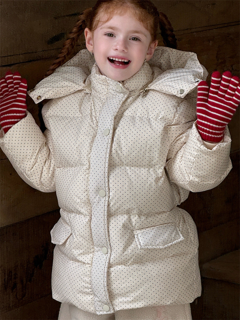 ショートコート・ジャケット・ジャンパー Creamy White / 90cm ダウンジャケット ドット フーディ ミディ丈 パフ アウター【mh0011626】