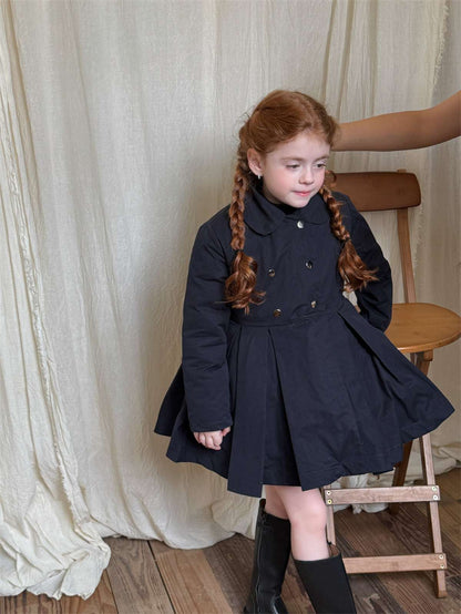 ロングコート Dark Blue / 90cm ミドル丈コート 丸襟 ふんわりプリーツスカート ガーリーお出かけアウター【mh0011448】