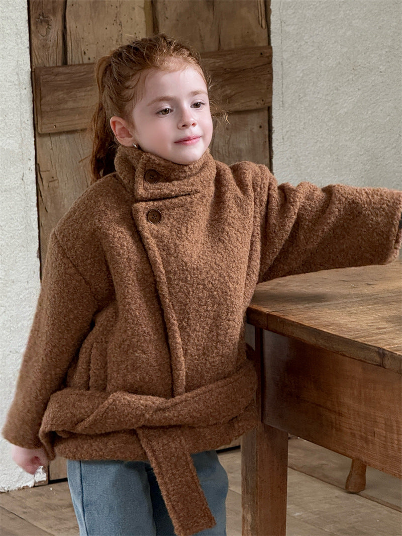 ショートコート・ジャケット・ジャンパー Dark Brown / 90cm ローブコート ボア スタンドカラー ベルト付き ショート丈 アウター【mh0011617】