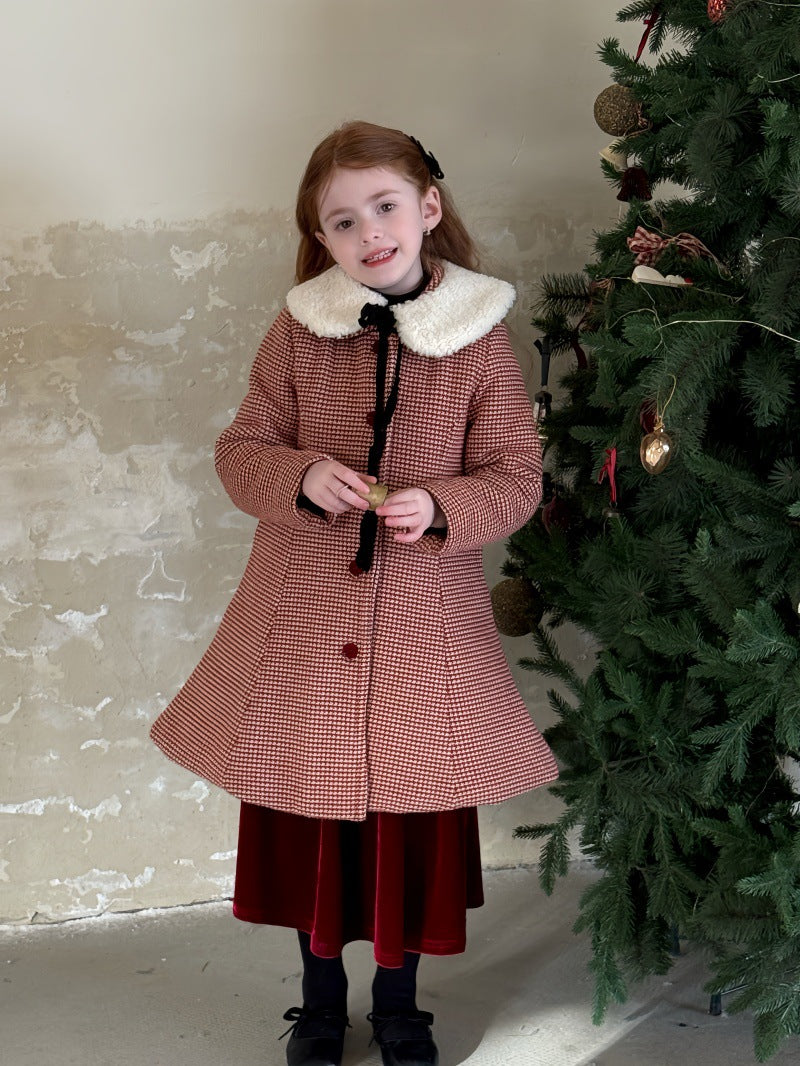 ロングコート Fur collar / One Size Aラインレトロコート チェック 丸襟 キルティング ファーリボンつけ襟【mh0011889】