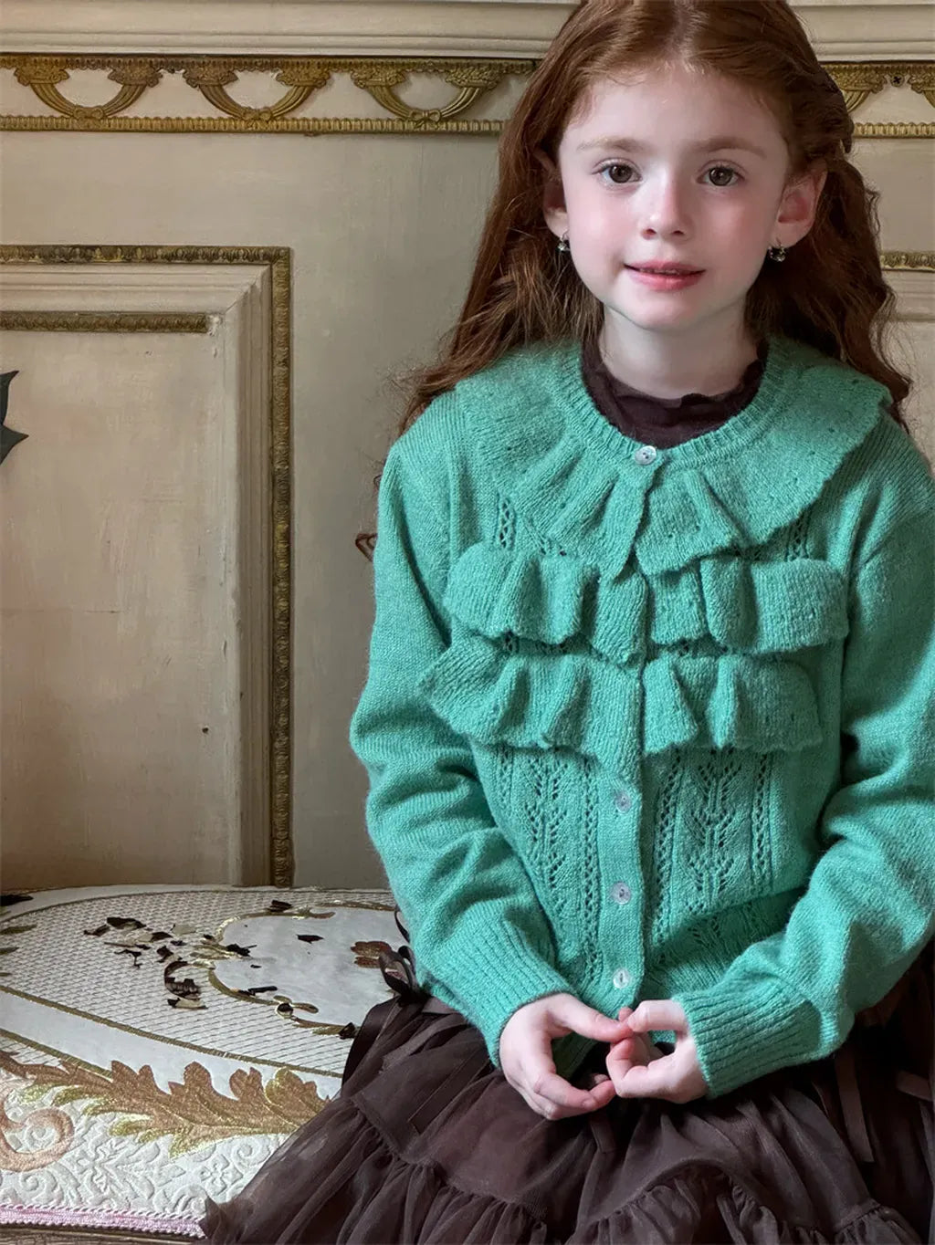 カーディガン・パーカー Green / 90cm ラッフルフリルニットカーディガン【mh0011228】