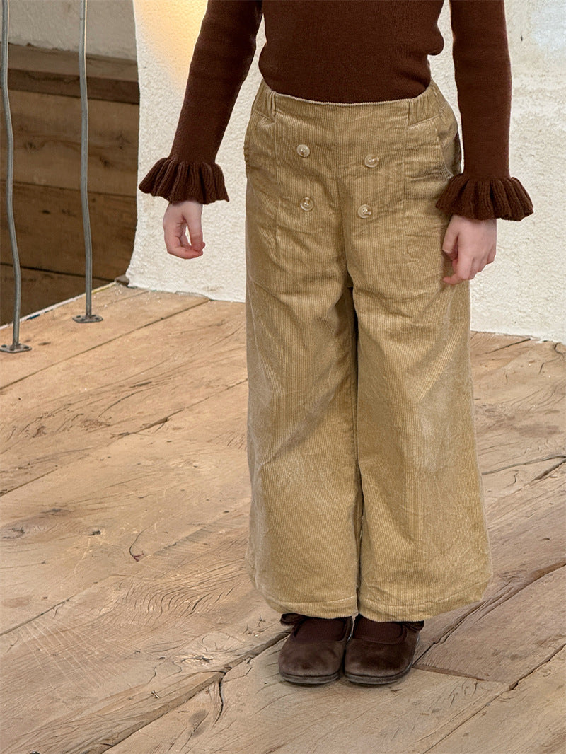 ロングパンツ・スウェットパンツ Khaki / 90cm コーデュロイパンツ ワイド ダブルボタン ハイウエスト カジュアル ボトムス【mh0011614】