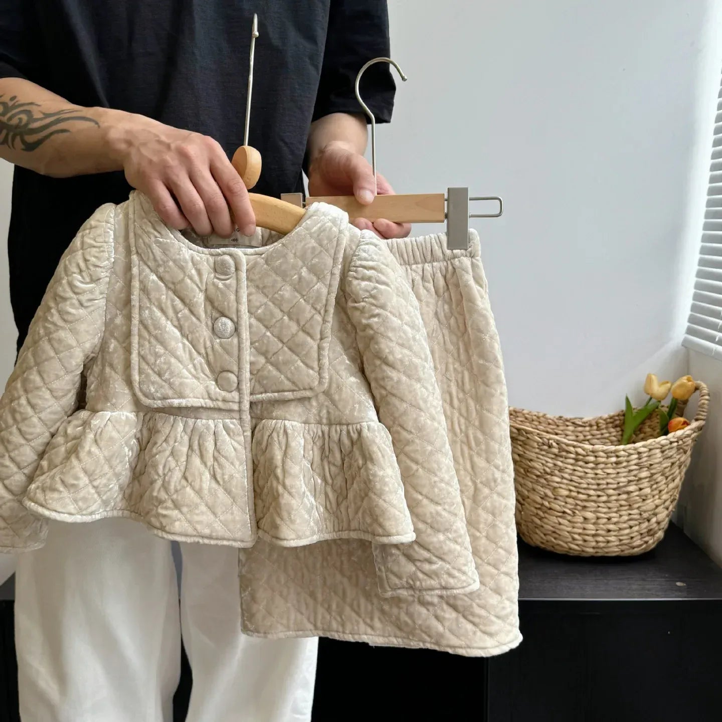 長袖セットアップ キッズジャケット/スカート フェイクベルベットペプラムショートジャケット/ロングタイトスカート スーツ【mh0007535】