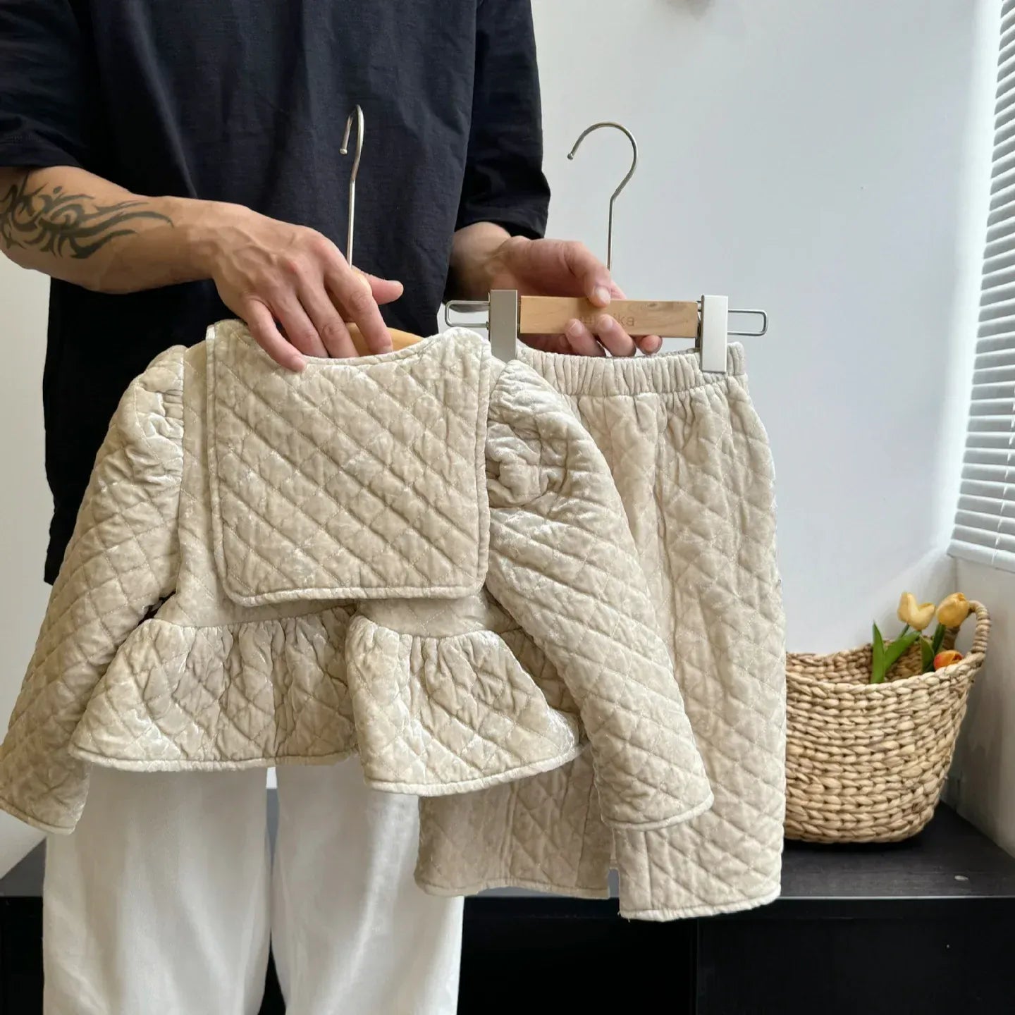 長袖セットアップ キッズジャケット/スカート フェイクベルベットペプラムショートジャケット/ロングタイトスカート スーツ【mh0007535】