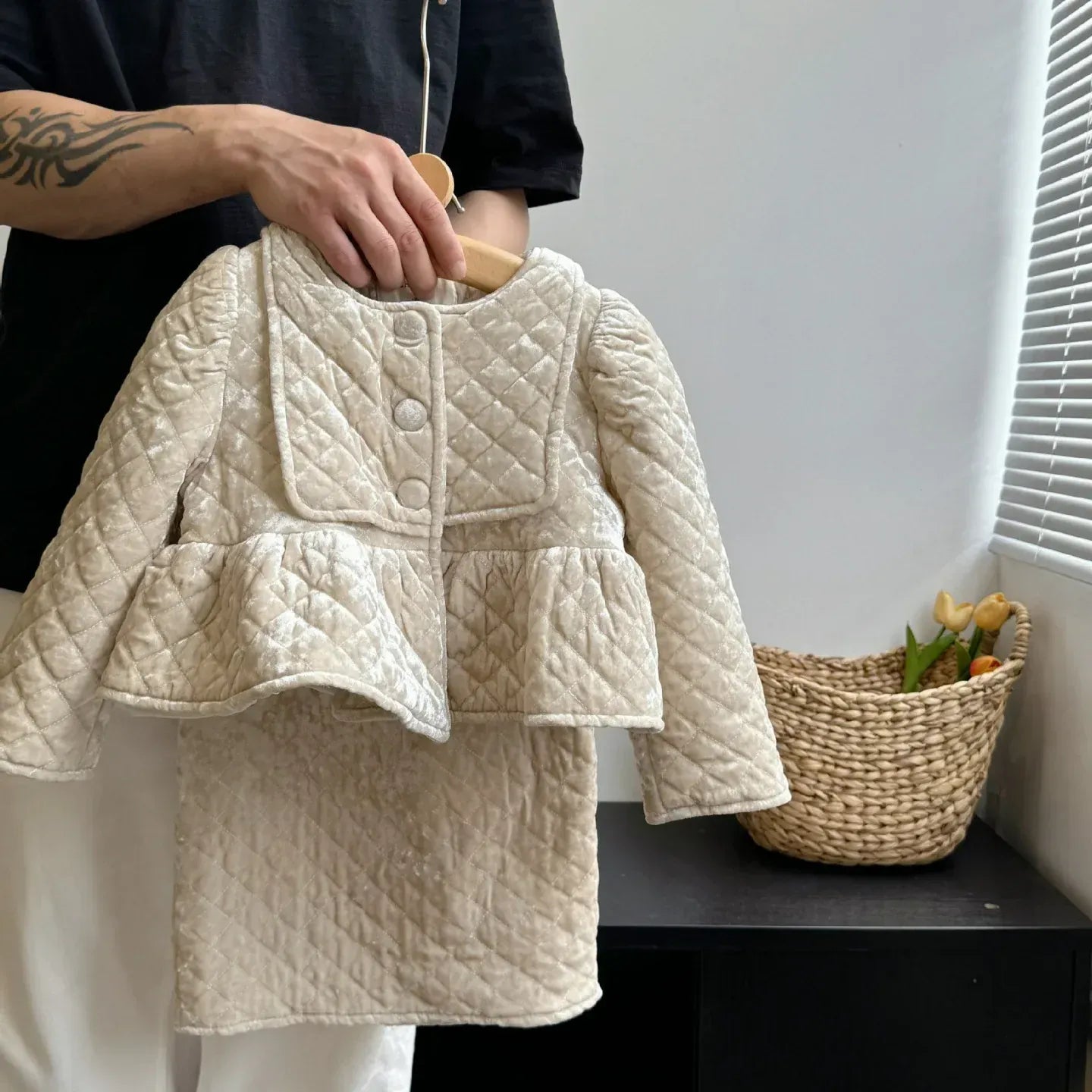 長袖セットアップ キッズジャケット/スカート フェイクベルベットペプラムショートジャケット/ロングタイトスカート スーツ【mh0007535】