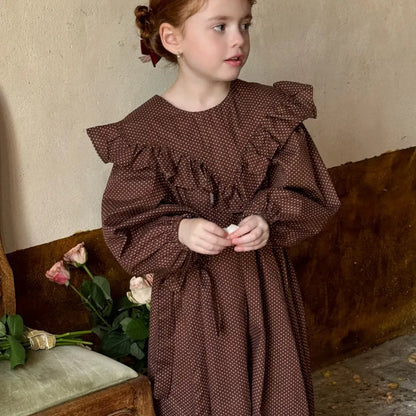 長袖ワンピース ドット柄フリルビッグカラー長袖ワンピース【mh0011205】