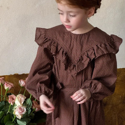 長袖ワンピース ドット柄フリルビッグカラー長袖ワンピース【mh0011205】