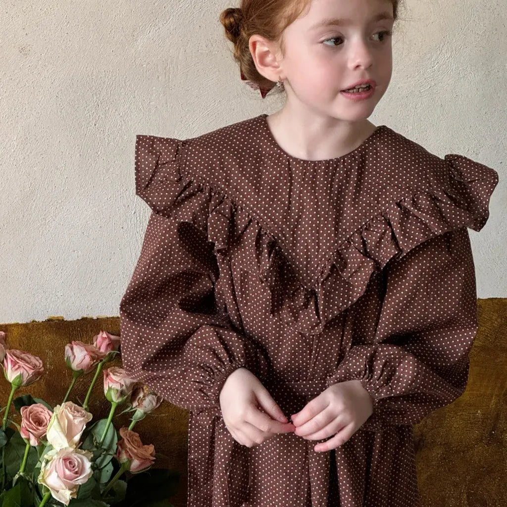 長袖ワンピース ドット柄フリルビッグカラー長袖ワンピース【mh0011205】