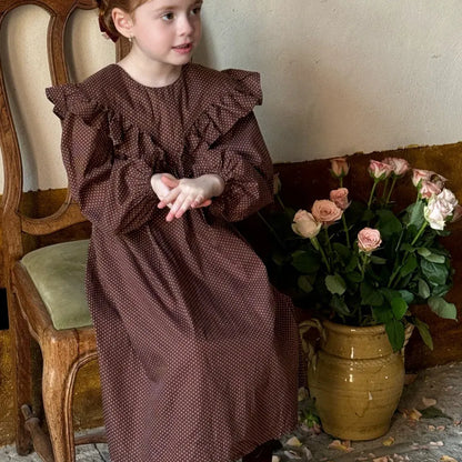 長袖ワンピース ドット柄フリルビッグカラー長袖ワンピース【mh0011205】