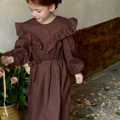 長袖ワンピース ドット柄フリルビッグカラー長袖ワンピース【mh0011205】