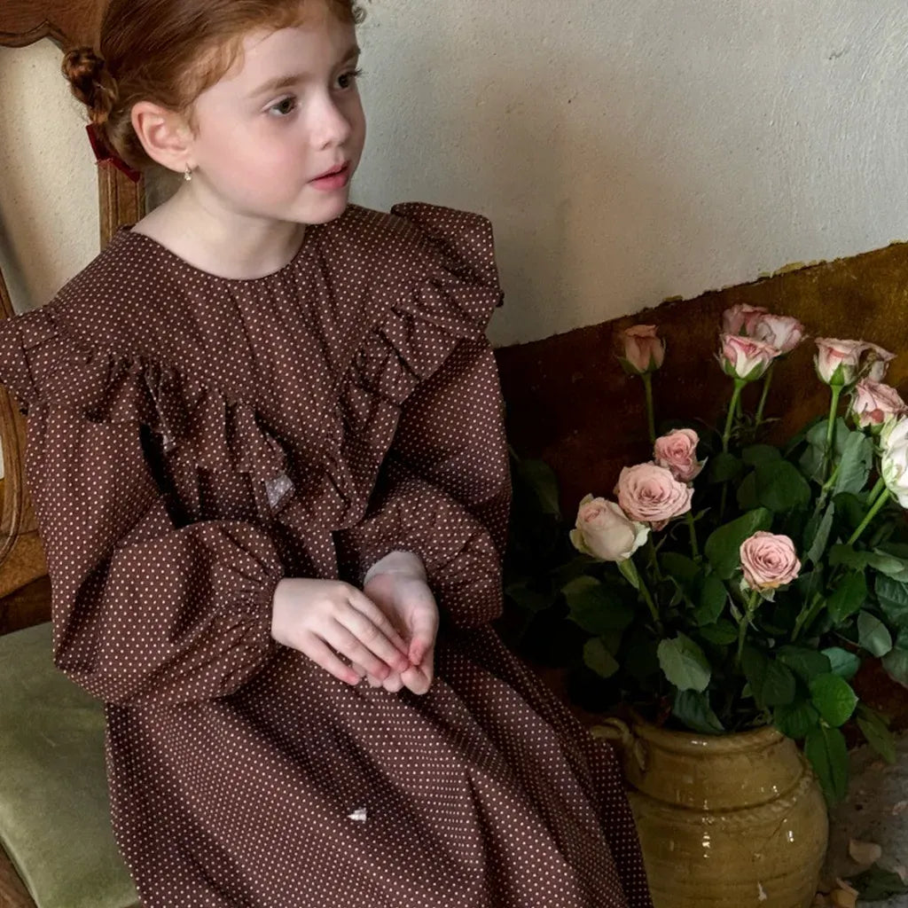 長袖ワンピース ドット柄フリルビッグカラー長袖ワンピース【mh0011205】