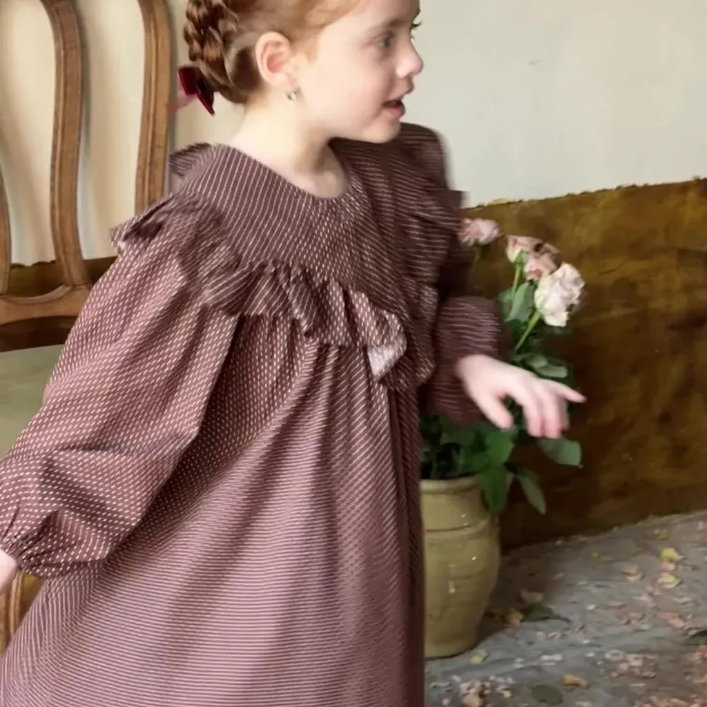 長袖ワンピース ドット柄フリルビッグカラー長袖ワンピース【mh0011205】