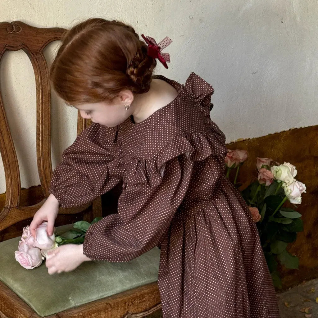 長袖ワンピース ドット柄フリルビッグカラー長袖ワンピース【mh0011205】