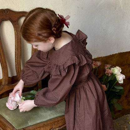 長袖ワンピース ドット柄フリルビッグカラー長袖ワンピース【mh0011205】